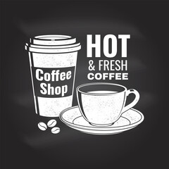 Coffe shop logo, badge template on the chalkboard. Vector. Typography design with coffee cup silhouette. Template for menu for restaurant, cafe, bar, packaging