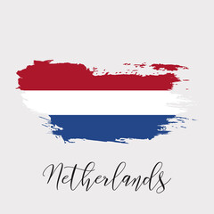 Netherlands watercolor vector national country flag icon. Hand drawn illustration, dry brush stains, strokes, spots, isolated gray background. Painted grunge style texture for posters, banner design.