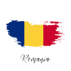 Romania vector watercolor national country flag icon. Hand drawn illustration with dry brush stains, strokes, spots isolated on gray background. Painted grunge style texture for posters, banner design