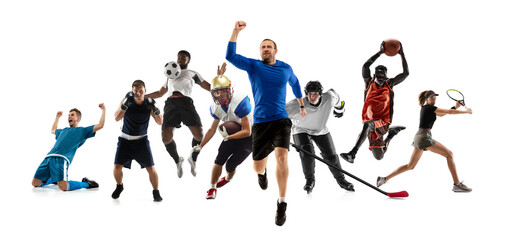 Fototapeta na wymiar Sport collage. Hockey, soccer and american football, volleyball players isolated on white studio background.
