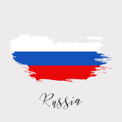 Russia watercolor vector national country flag icon. Hand drawn illustration with dry brush stains, strokes, spots isolated on gray background. Painted grunge style texture for posters, banner design.