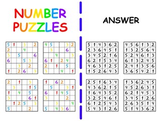 Sudoku set with answer colorful activity page for school children vector illustration. Educational number puzzles for beginners printable worksheet with solution