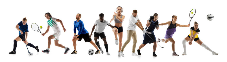 Fototapeta premium Sport collage. Hockey, soccer football, boxing, volleyball, floorball, tennis players in motion isolated on white studio background.
