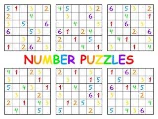 Number puzzles - six sudoku set vector illustration. Rainbow educational number game for children printable worksheet