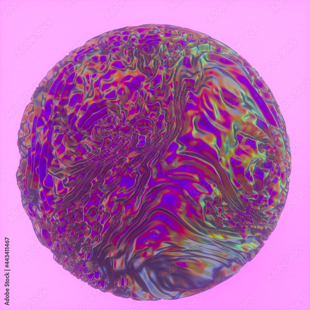 Poster Abstract holographic sphere with rippled and glitched surface. 3D illustration in retrofuturistic synthwave style.