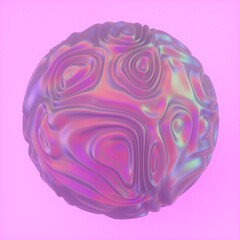 Obraz premium Abstract holographic sphere with rippled and glitched surface. 3D illustration in retrofuturistic synthwave style.