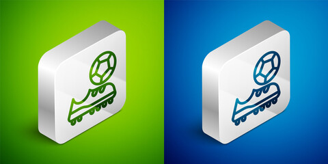 Isometric line Football shoes icon isolated on green and blue background. Soccer boots. Sport football foot protection. Silver square button. Vector