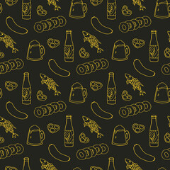 Seamless pattern with beer mugs and bottle and snacks on black background. Vector image.