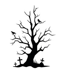 Horror halloween tree silhouette with ravens and graves. Vector illustration for halloween decorations isolated on white background