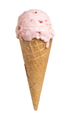 Pink strawberry ice cream in wafer cone isolated on white background.