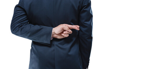 Image of a man's hands with crossed fingers on a white background. Back view. Business concept.