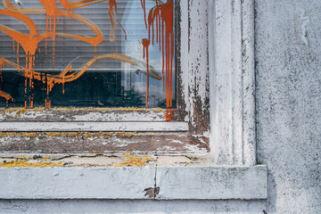 part of old white wooden window frame with color stripes