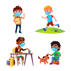 Boys Wearing Protective Facial Mask Set Vector. Boys Children With Facial Mask Studying In School And Grocery Shopping, Running In Park And Playing With Dog Pet. Characters Flat Cartoon Illustrations
