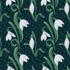Seamless hand-drawn pattern with snowdrops in white and green on a dark green background. Textured trendy ornament with white flowers on a dark backdrop with branches and leaves.