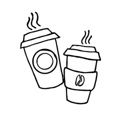 Doodle two cardboard cups with hot coffee and tea matches on a white sheet are isolated.  Hand drawn two cups with a hot drink