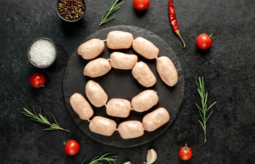 small raw sausages for grilling on a stone background
