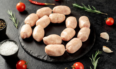 small raw sausages for grilling on a stone background