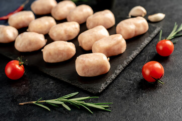 small raw sausages for grilling on a stone background
