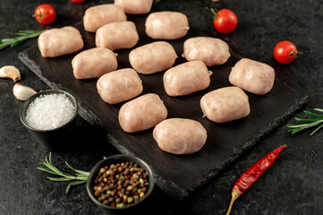 small raw sausages for grilling on a stone background