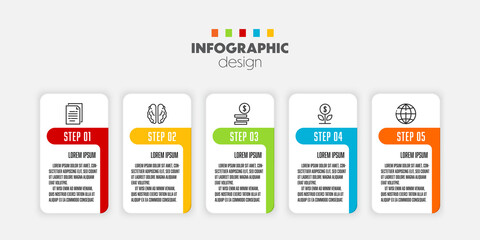 Vector 5 step colorful infographic template design element. Business icon concept diagram.