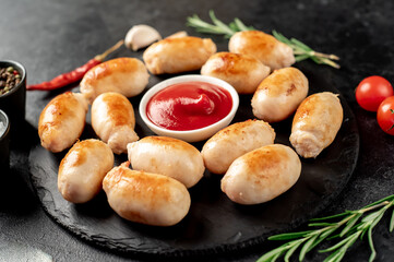 small grilled sausages on a stone background