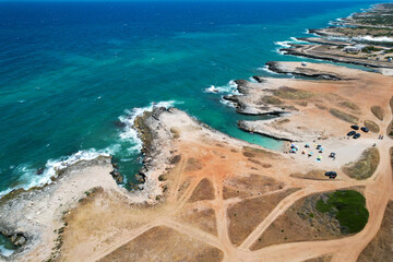 Costa Merlata, Ostuni photographed with drone from above. It offers one of the most beautiful stretches of coast in Puglia and Italy with little gulfs and sandy beaches. Italy Ostuni 