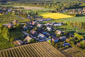 Drone aerial view of Rogow village located in Lodz Province of Poland - obrazy, fototapety, plakaty
