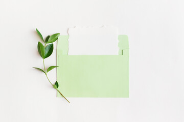 Mock up of blank paper card with green leaves and envelope on white background. Flat lay, top view with copy space for text