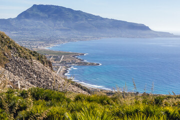 Corino village seen from Cofano Mount in Cofano landscape park on Sicily Island in Italy