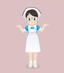 Nursing student wearing a blue and white uniform stands on a pink background. Smiling female nursing staff. Vector illustration in Cartoon character design