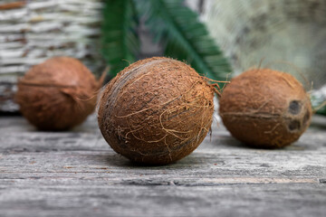 Coconuts on a old rustic wooden surface