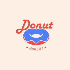 Minimalist logo or emblem for donut shop and bakery. Bright vector design with bitten donut. Identity. Business Card.