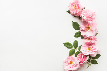 Flowers composition made of pink roses isolated on white background. Floral design. Flat lay, top view, copy space