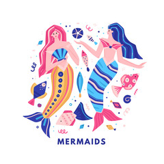 Vector fabulous underwater world. Colorful marine life. Cute hand-drawn mermaids, fish, shells. It can be used for baby clothes, stickers, T-shirts, swimwear, poster