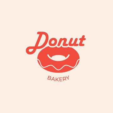 Minimalist logo or emblem for donut shop and bakery. Bright vector design with bitten donut. Identity. Business Card.