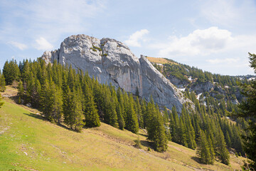 Summit of Taubenstein with mountain cross, landscape bavarian alps