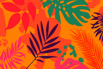 Fototapeta na wymiar Bright background of tropical jungle leaves. Poster design with different leaves . Botanical pattern, wallpaper, fabric vector illustration design