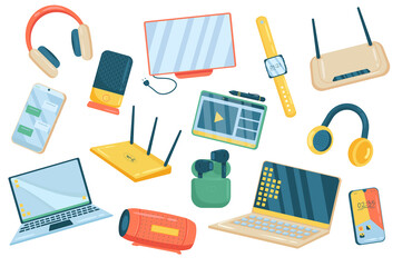 Fototapeta na wymiar Electronics cute elements isolated set. Collection of headphones, monitor, watch, wifi router, smartphone, tablet with stylus, laptop, portable music column. Vector illustration in flat cartoon design