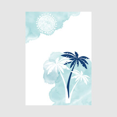 Fototapeta na wymiar Pre-made design on the marine theme with Sun and palm trees, watercolor spots and place for text. Vector layout decorative greeting card or invitation design background.