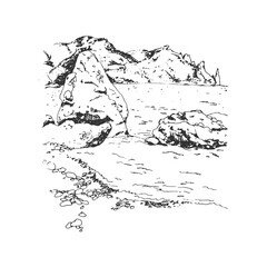 Seascape. Mountains, cliff, sea stones, pebbles and sea. Hand drawn sketch on white.  Vector realistic illustration. Black and white.