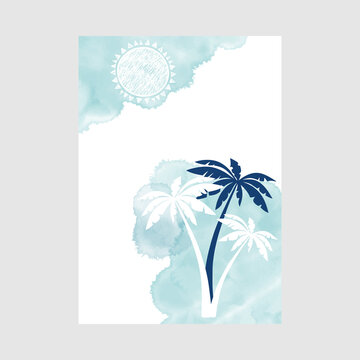 Pre-made design on the marine theme with Sun and palm trees, watercolor spots and place for text. Vector layout decorative greeting card or invitation design background.
