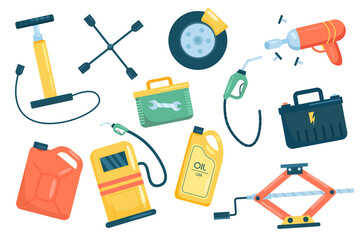 Car service cute elements isolated set. Collection of repair and maintenance equipment. Wheel, wrench, pump, canister, station, jack, battery, refueling gun. Vector illustration in flat cartoon design