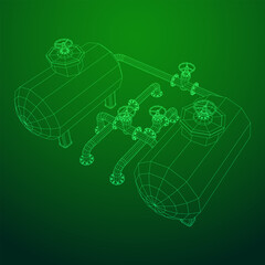 Oil tank storage of flammable materials and pipeline with valve. Finance economy polygonal petrol production. Petroleum fuel industry transportation line. Wireframe low poly mesh vector illustration.