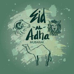 Eid Al Adha hand lettering with goat, lamb and camel illustration for Eid Mubarak Celebration 