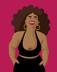 Woman laughing expressively behind a pink background