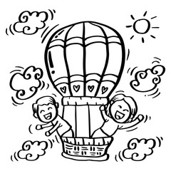 Coloring hot air balloon with cute boy and girl travelling