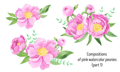 Flower arrangement of pink garden peonies watercolor set. Bouquets with peonies, can be used as greeting card, invitation card for wedding, birthday and other holiday . Watercolor illustration