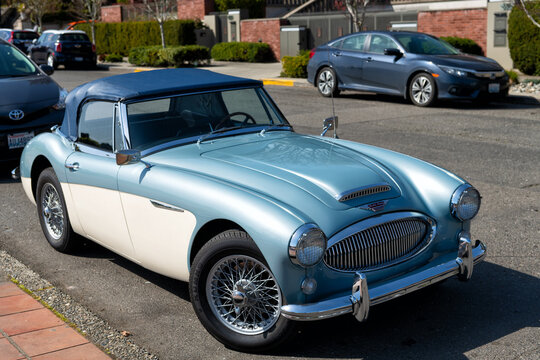 Seattle, Washington USA - April 06, 2021: austin healey retro oldtimer car convertible corner view.