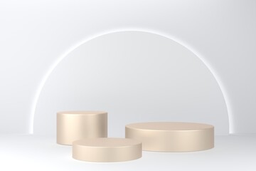 Gold pedestal or podium on white background for product demonstration.  3D rendering.