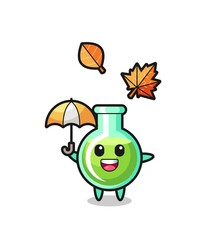 cartoon of the cute lab beakers holding an umbrella in autumn